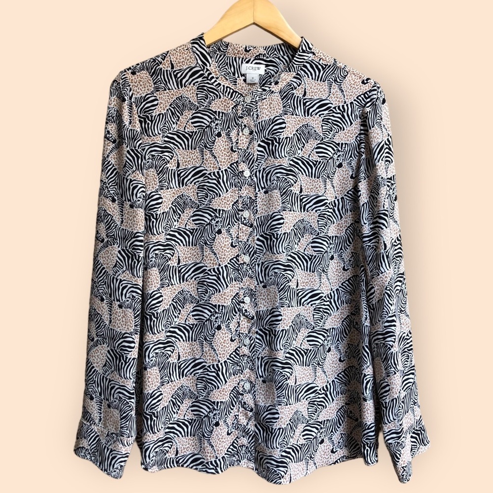 J. Crew Factory Band Collar Button Up Top Animal Print Zebra Print Women’s M
